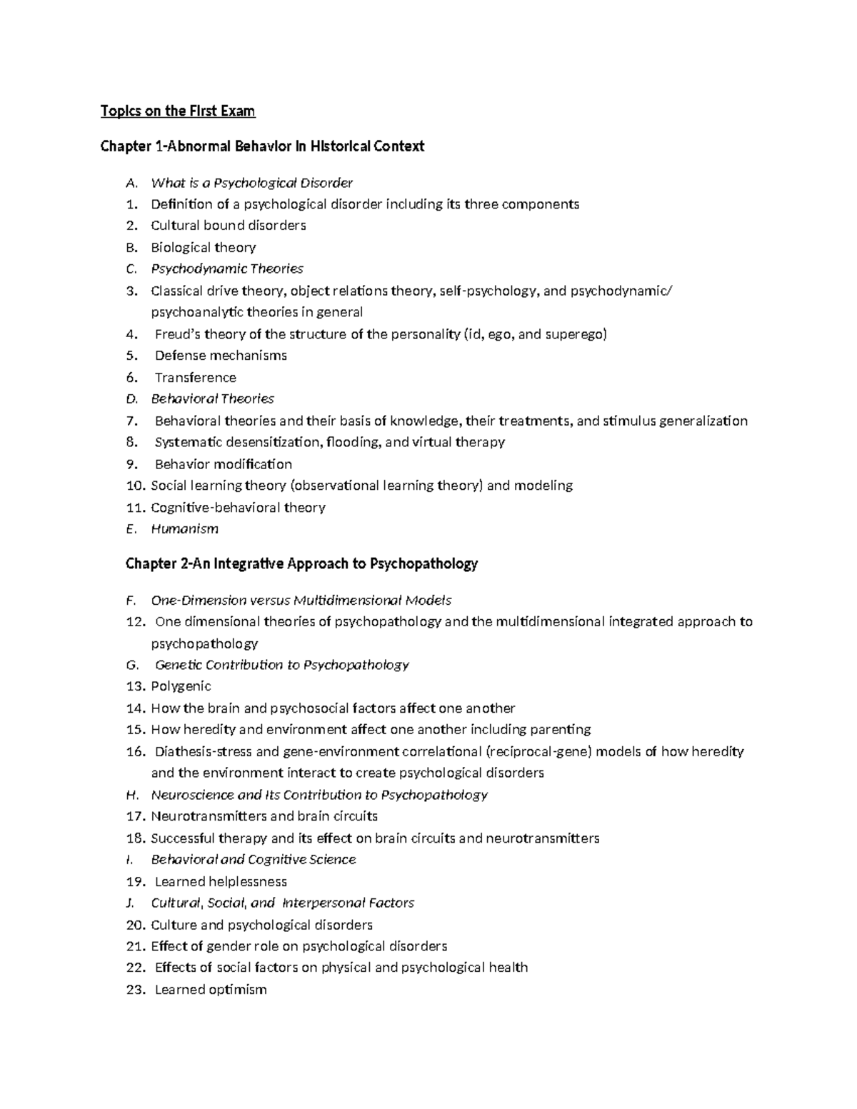 Topics on the First Exam - Topics on the First Exam Chapter 1-Abnormal ...