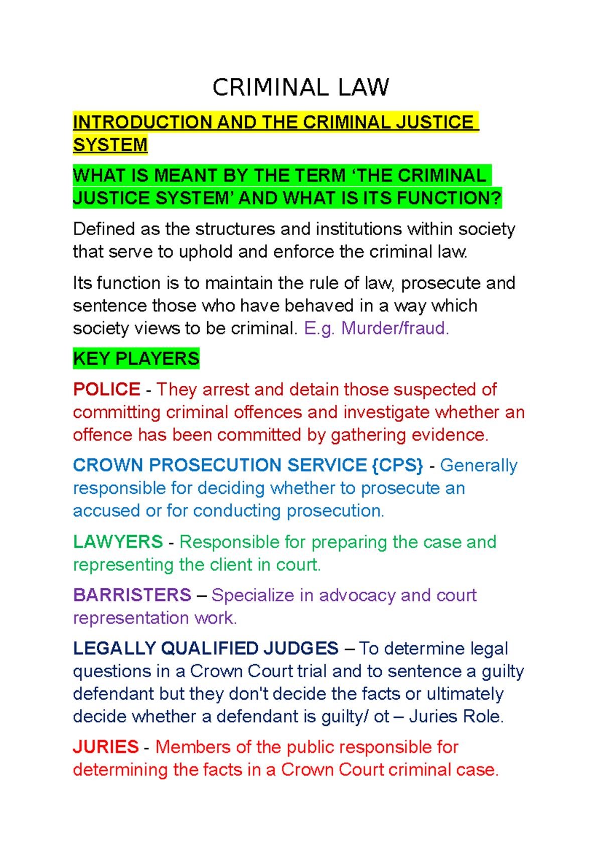 Criminal Law Summary Notes 1 Criminal Law Introduction And The Criminal Justice System 4085