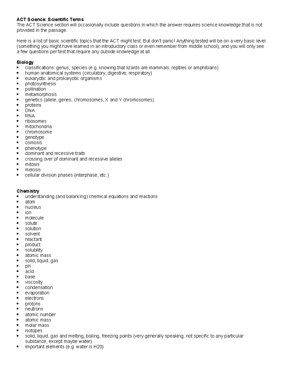 ACT Science Vocabulary - ACT Science: Scientific Terms The ACT Science ...