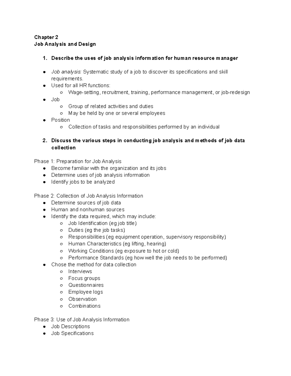 Chapter 2 Notes - Chapter 2 Job Analysis And Design Describe The Uses ...