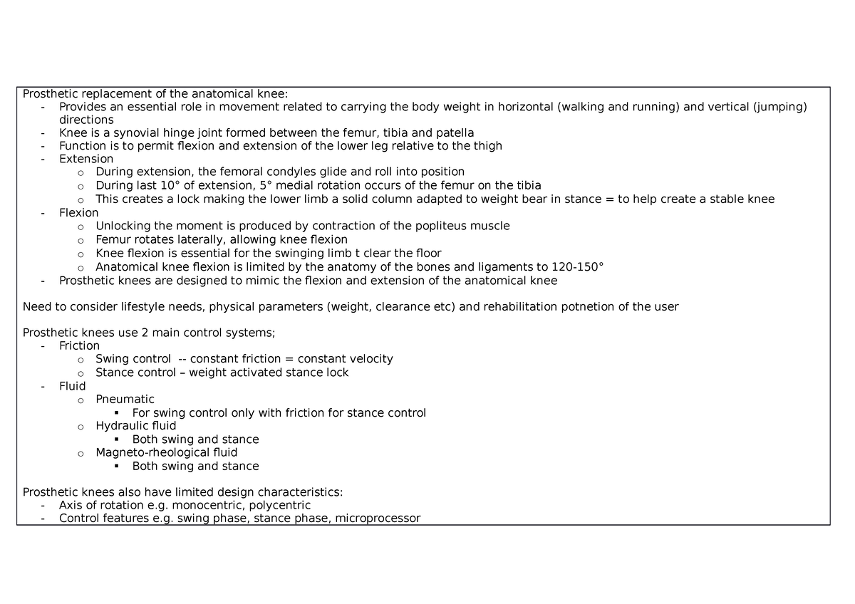 Knee joint types + gait deviation elp - Prosthetic replacement of the