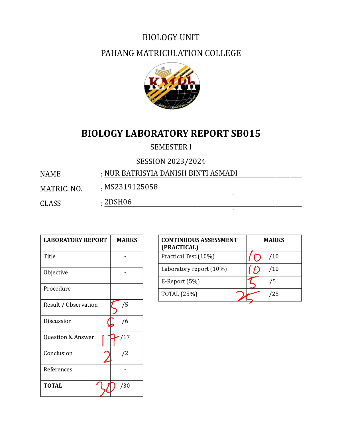 lab report biology experiment 1 matriculation