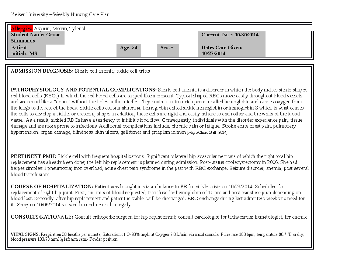 Care plan 6 care plan rubric Allergies Aspirin, Motrin, Tylenol