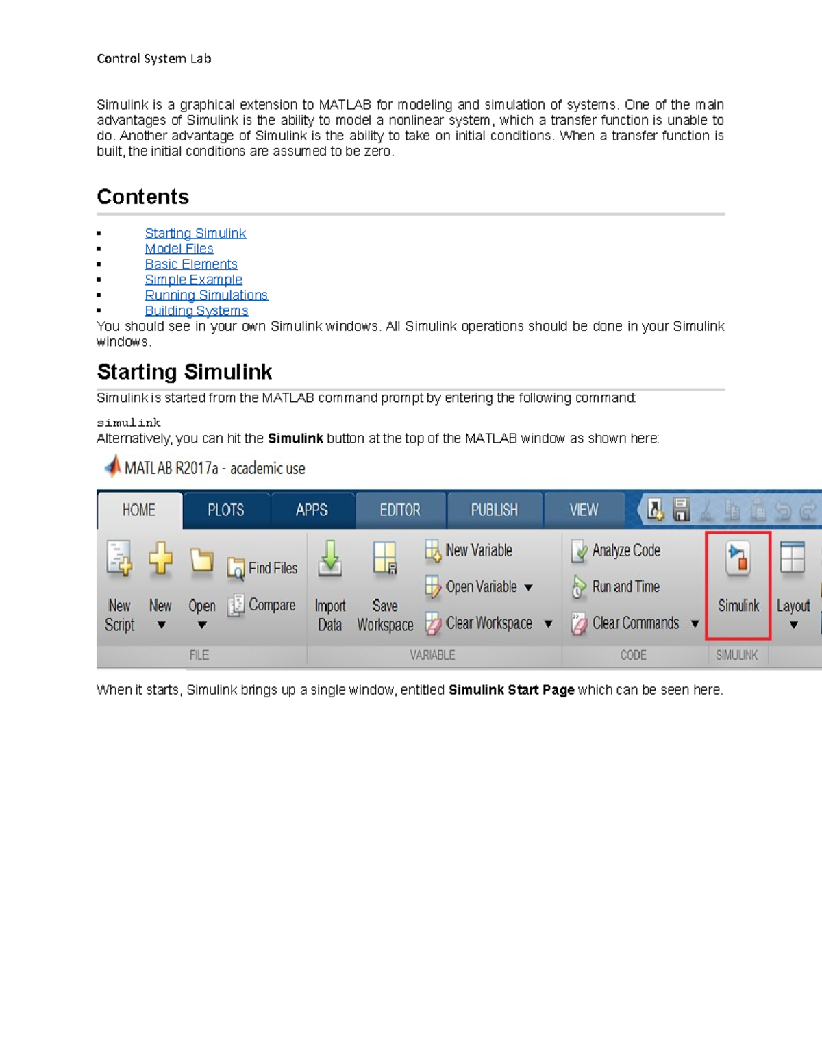 LAB 1 Lab materials Simulink is a graphical extension to MATLAB for