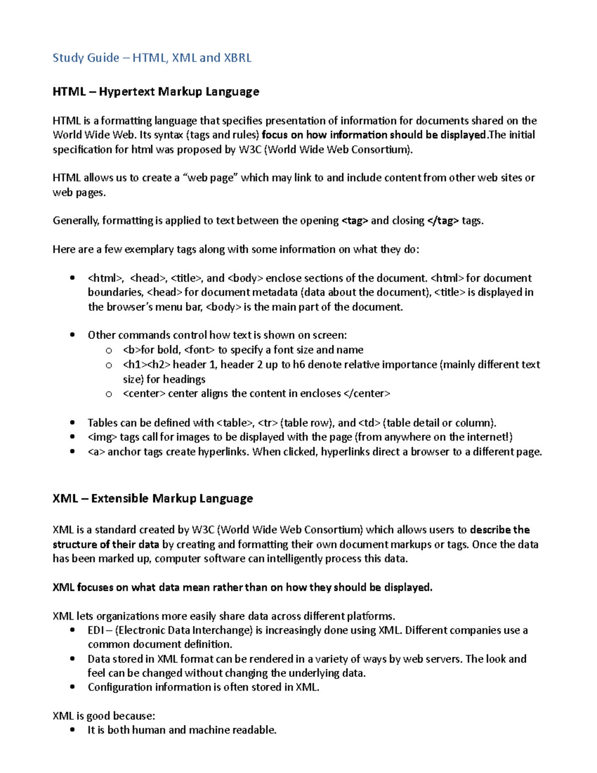 Study Guide on HTML, XML and XBRL - Study Guide HTML, XML and XBRL HTML ...