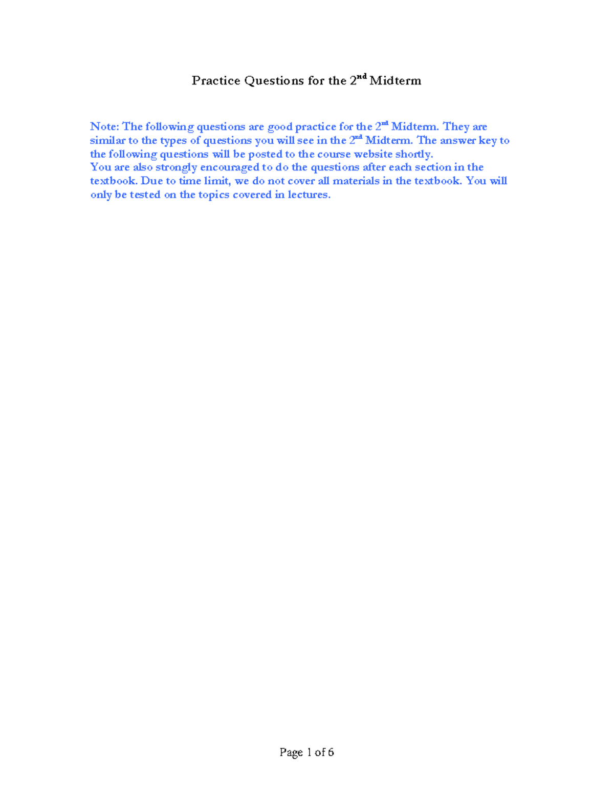 Practice questions for midterm 2 - Practice Questions for the 2nd ...