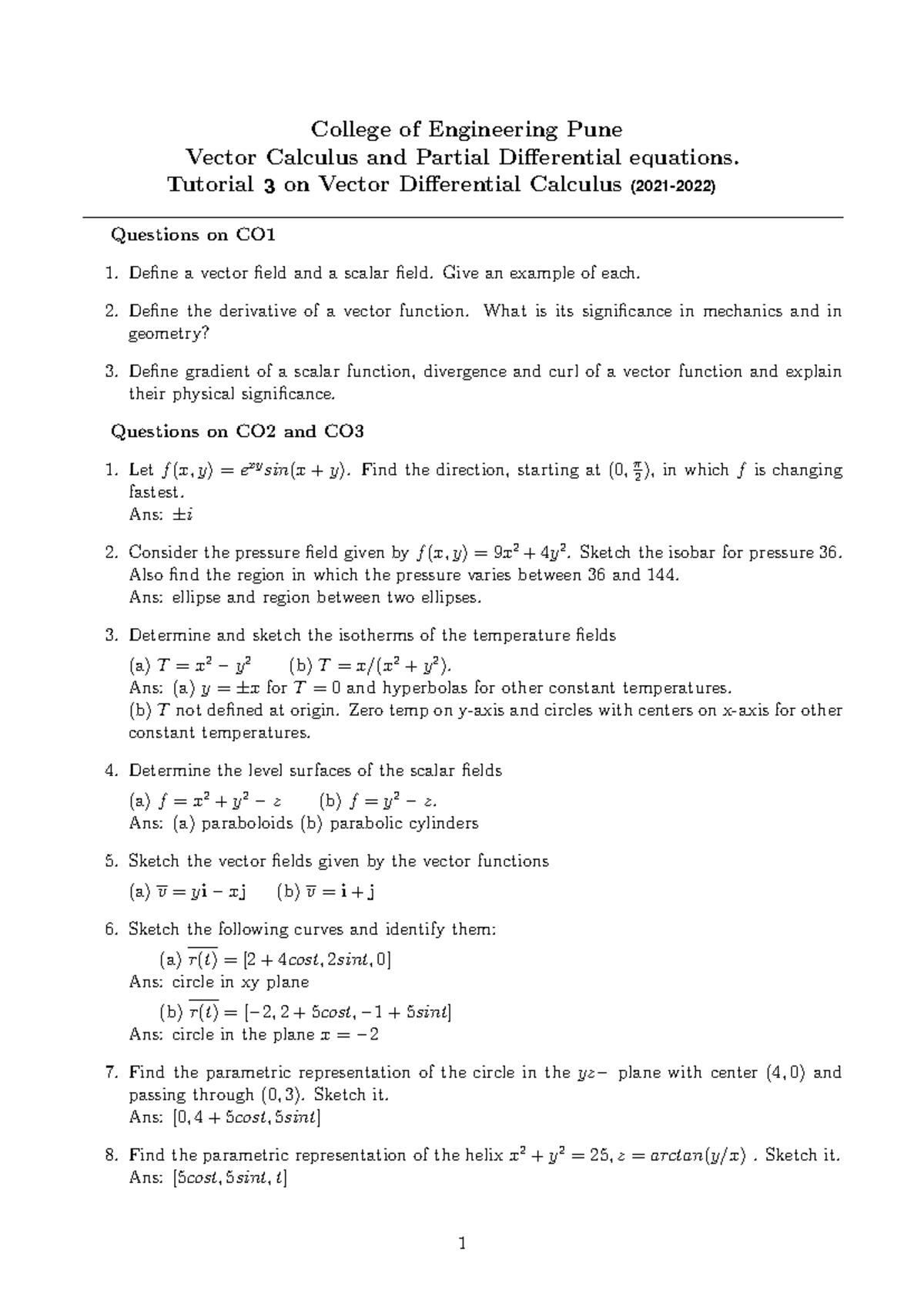 Tut 3 On Vector Differential Calculus College Of Engineering Pune Vector Calculus And Partial