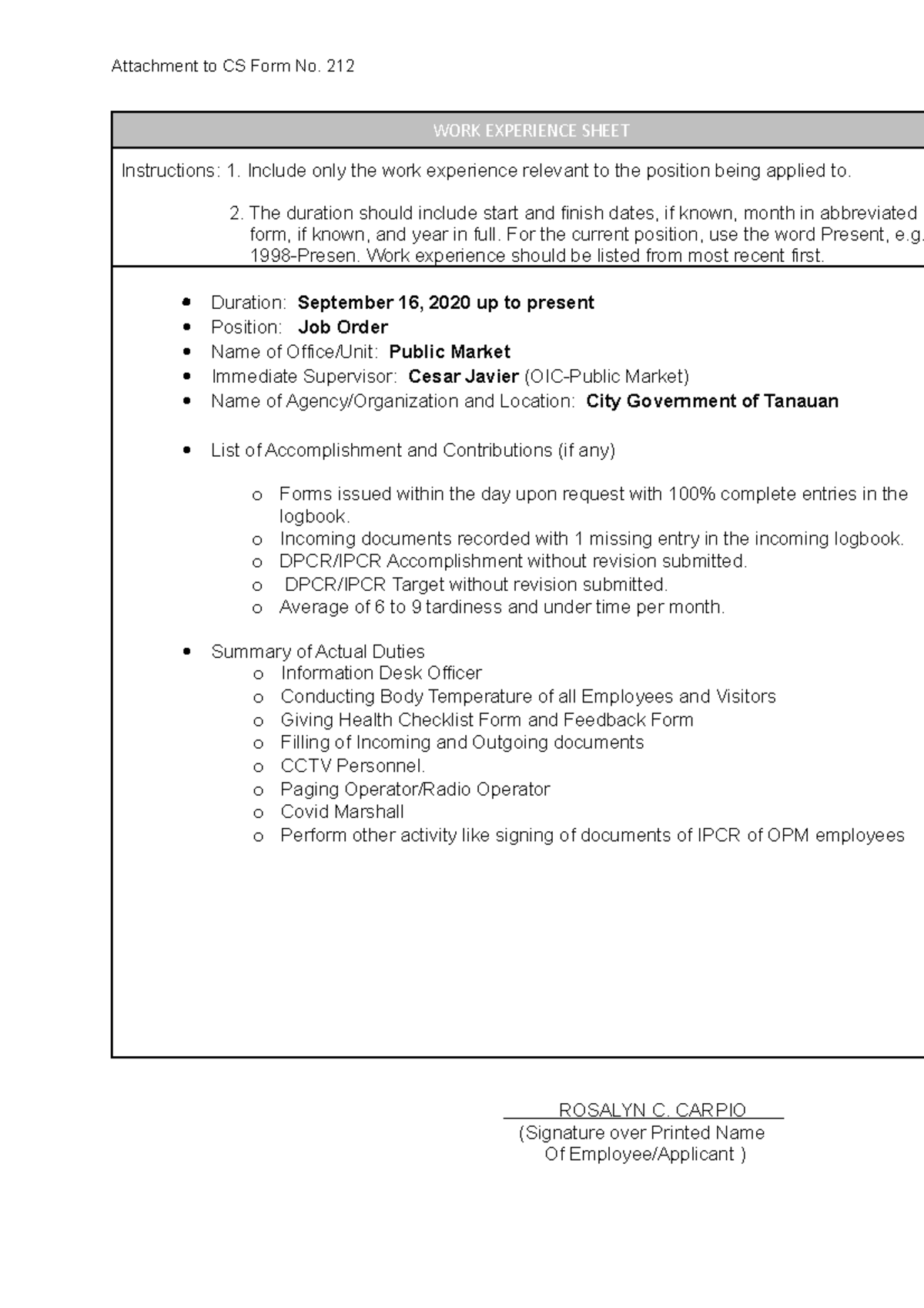 WORK Experience Sheet - Attachment to CS Form No. 212 WORK EXPERIENCE ...