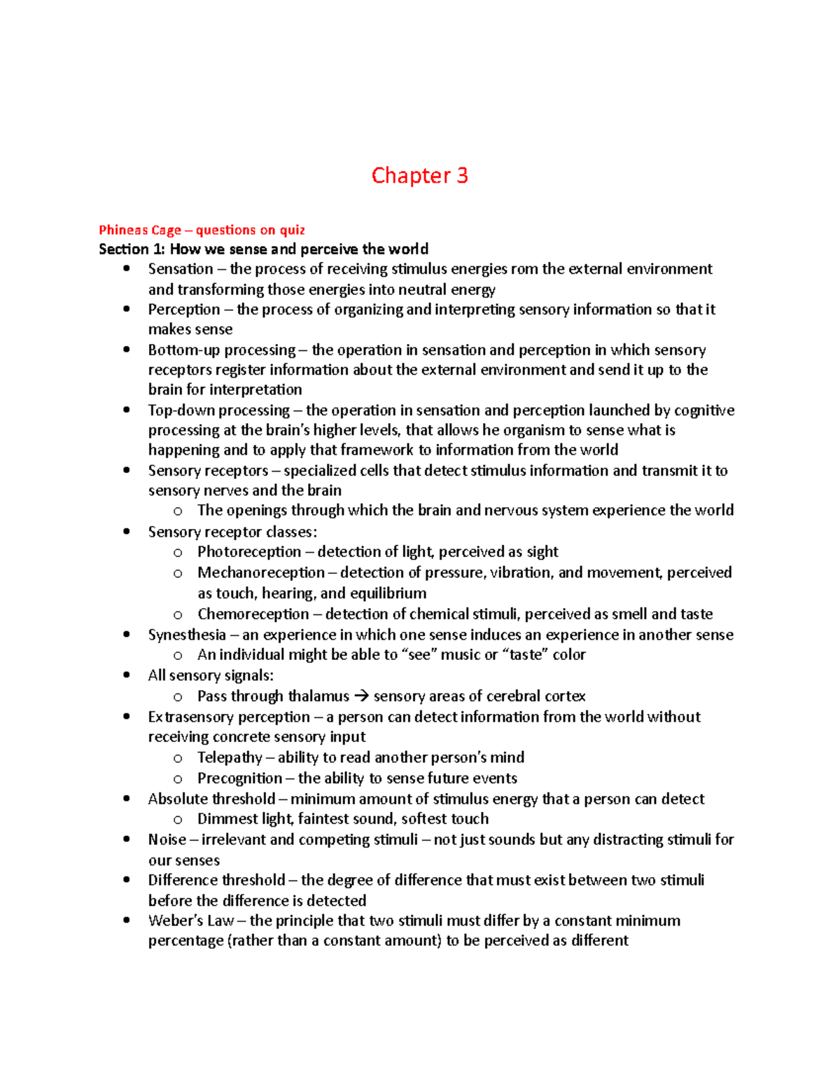 Chapter 3 - Perception and Senses - Chapter 3 Phineas Cage – questions ...