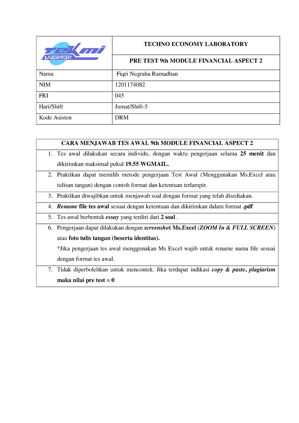 PRE-TEST Module-9 Fiqri Nugraha Ramadhan 12011 74082 Friday Shift-5 DRM ...