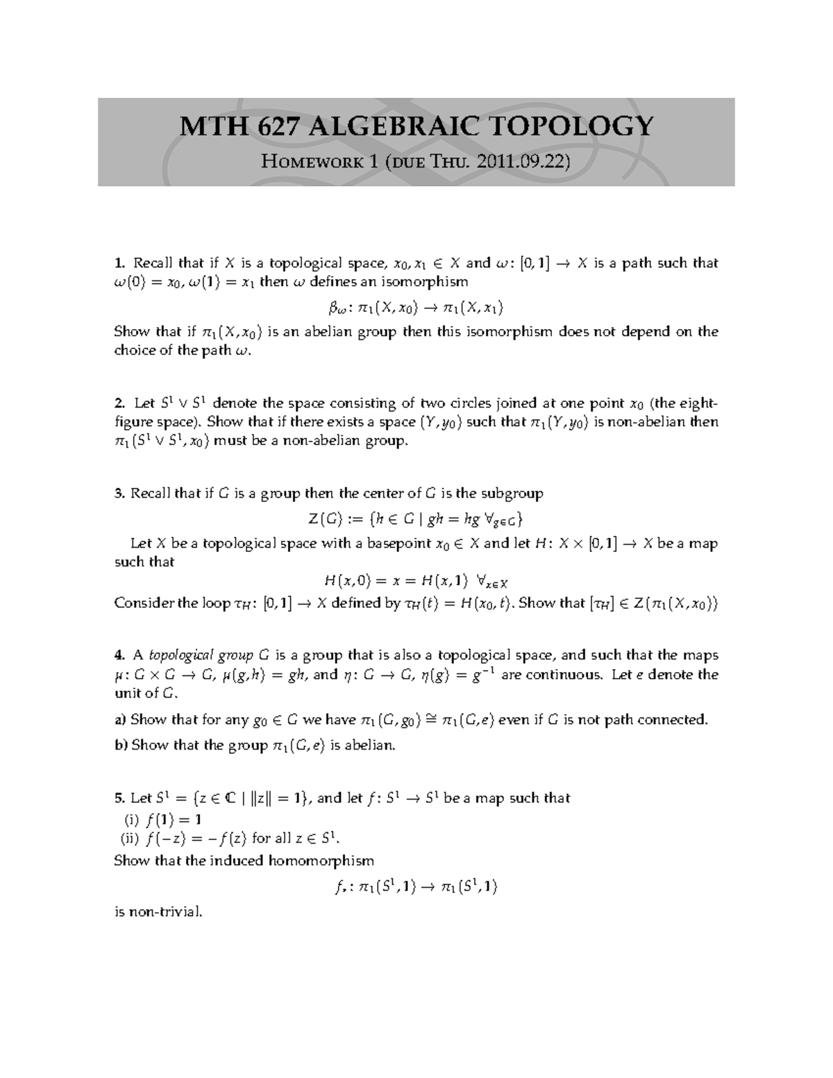 Mth627 Homework Assignments Mth 627 Algebraic Topology Homework1 Duethu 11 09 Studocu