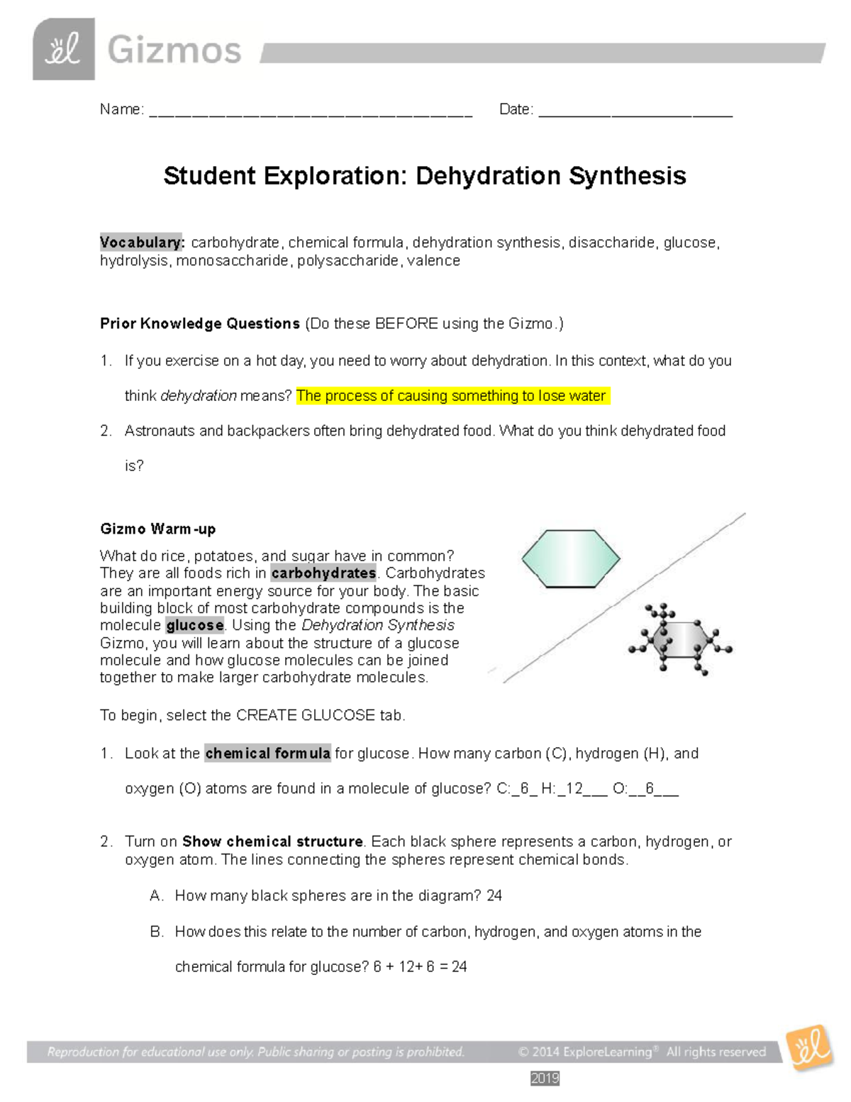 Gizmos Dehydration Synthesis - Name ...