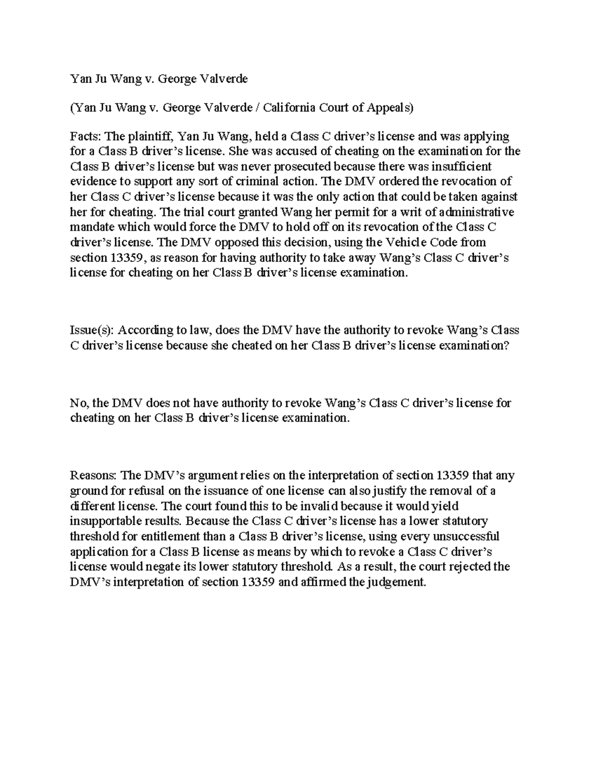 TT BLaw 3391 A Wang casse brief example Yan Ju Wang v.