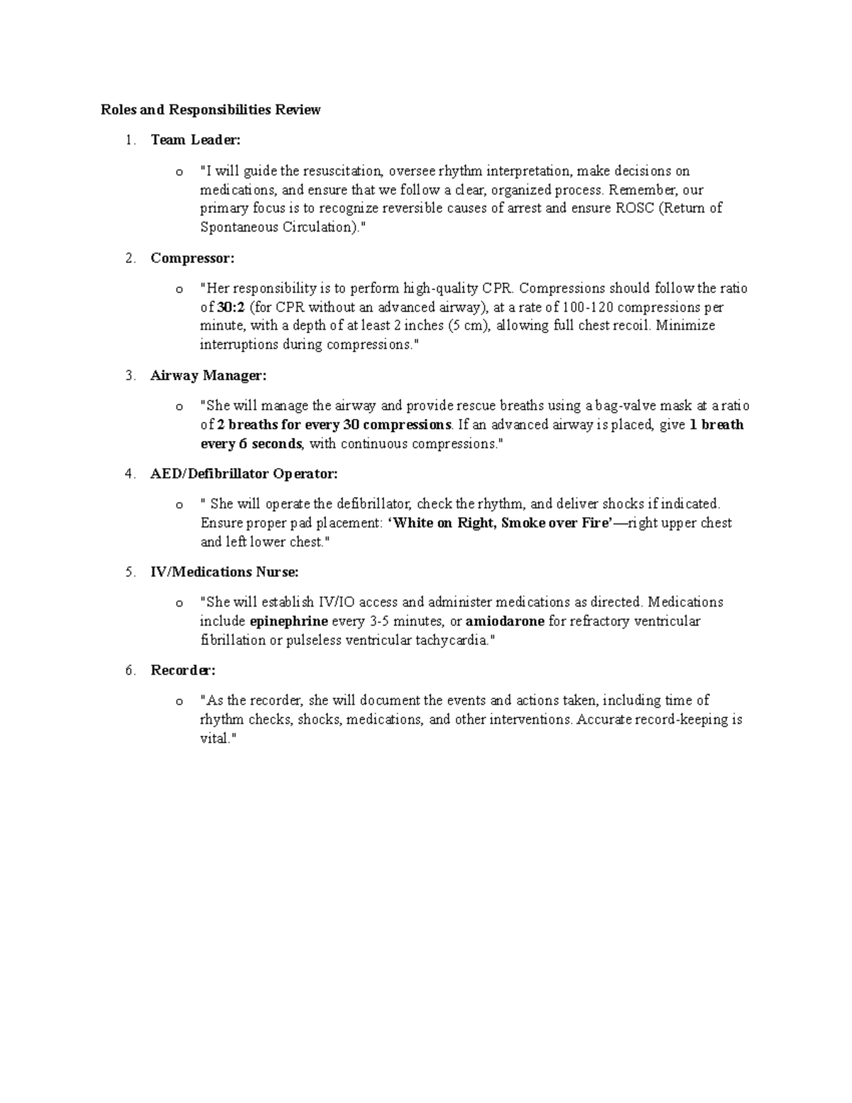 ACLS Guide - Hehe - Roles and Responsibilities Review 1. Team Leader: o ...
