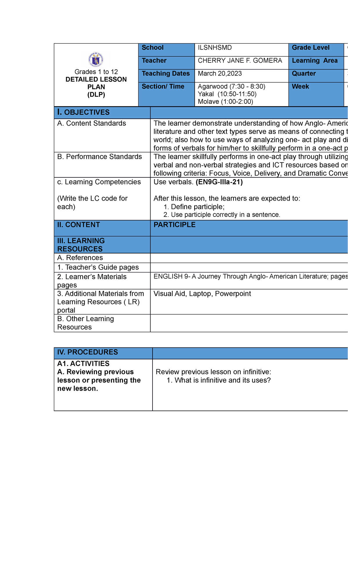 DLP-Participle - lesson plan - Grades 1 to 12 DETAILED LESSON PLAN (DLP ...