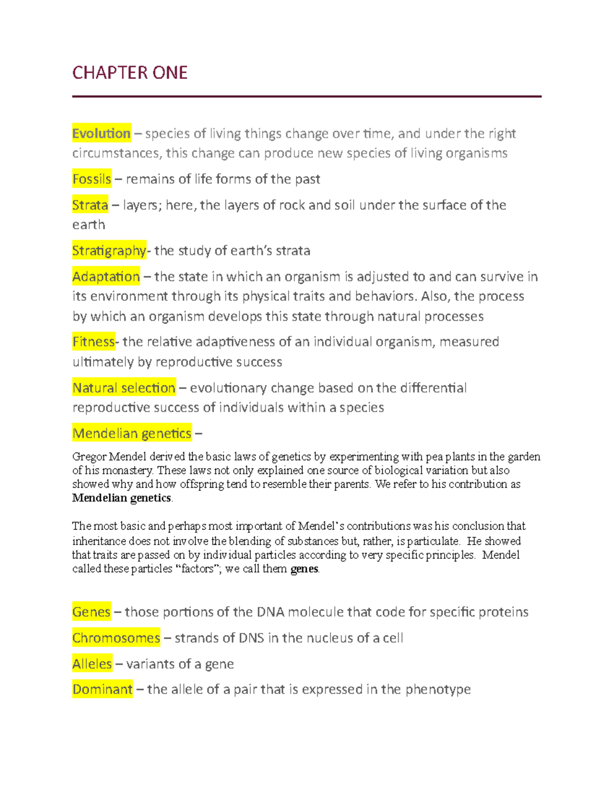 Chapter ONE - Lecture notes 1 - CHAPTER ONE Evolution – species of ...