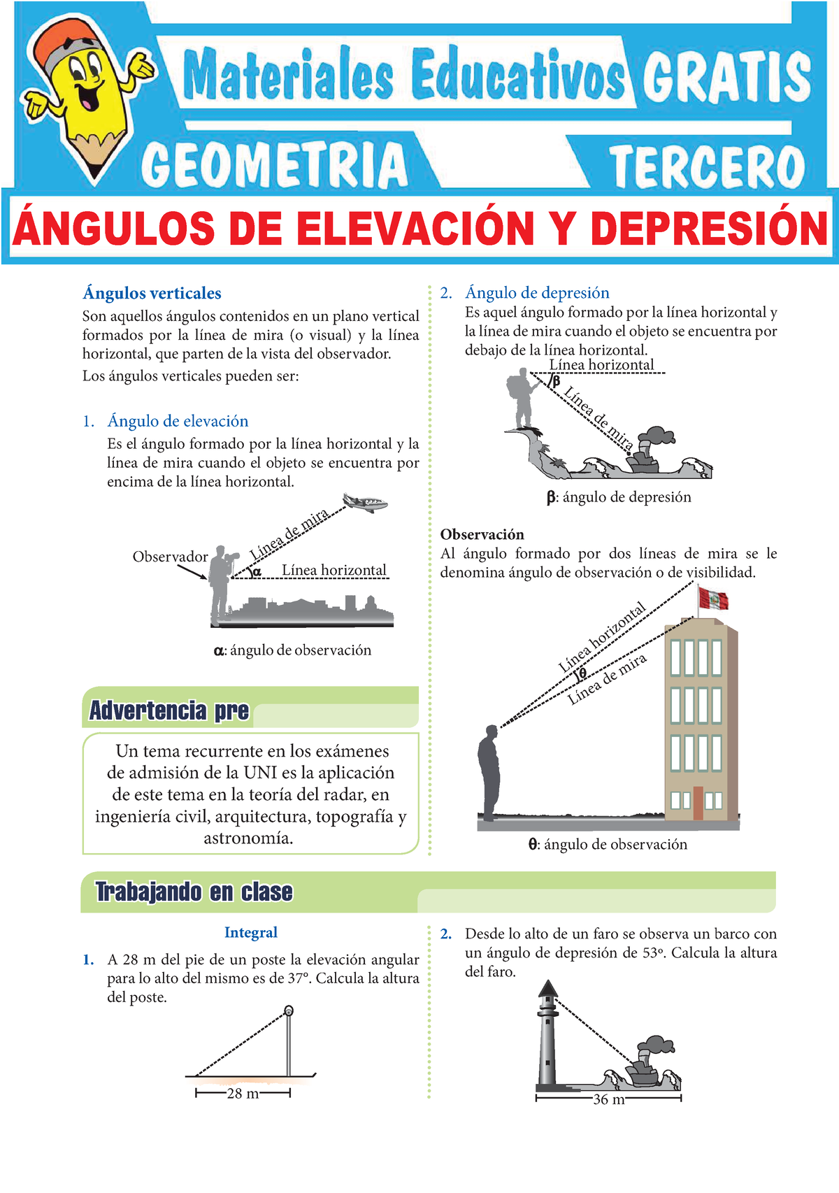 Ángulos de Elevación y Depresión Recta Para Tercer Grado de Secundaria ...