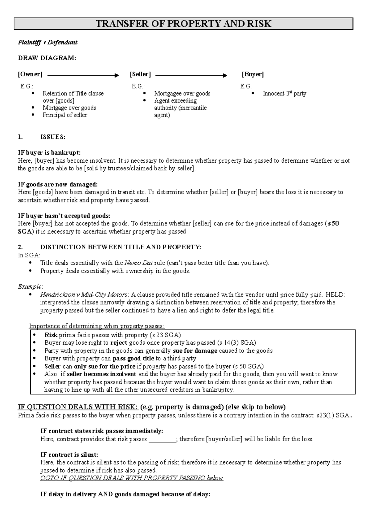 Transfer of Property and Risk - TRANSFER OF PROPERTY AND RISK Plaintiff ...
