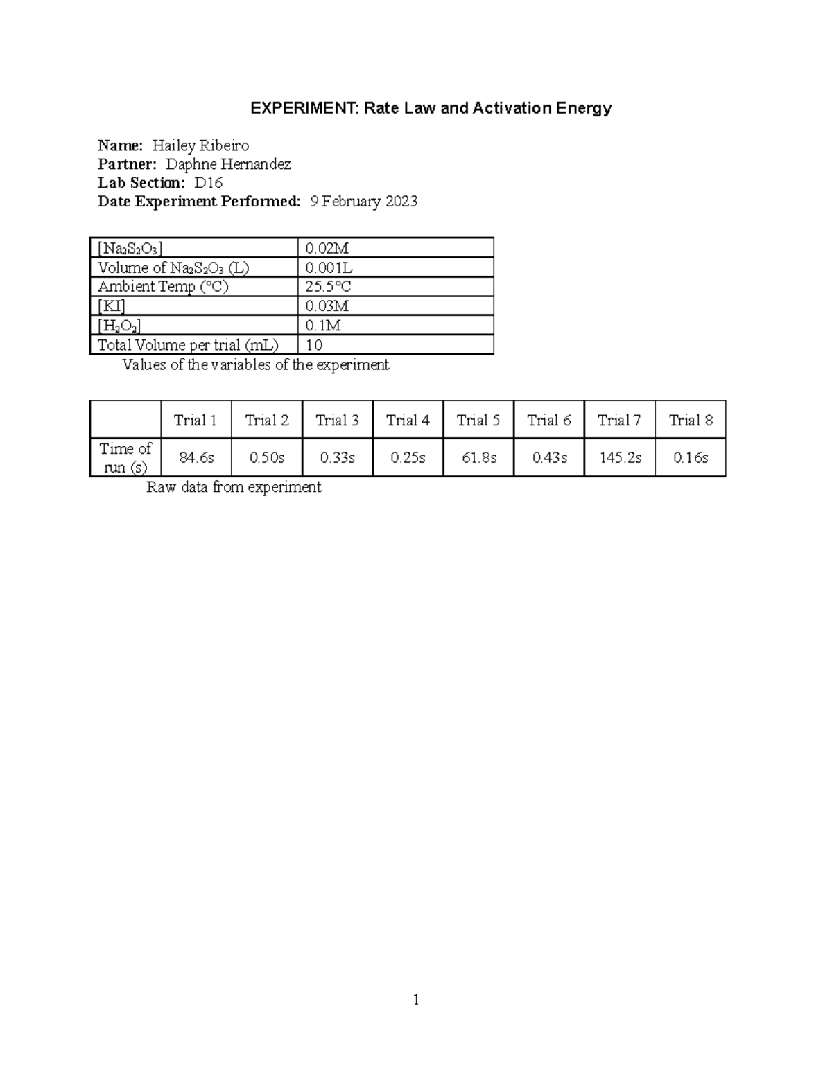 Exp 24 Rate Law and Ea numbers only-2 - EXPERIMENT: Rate Law and ...