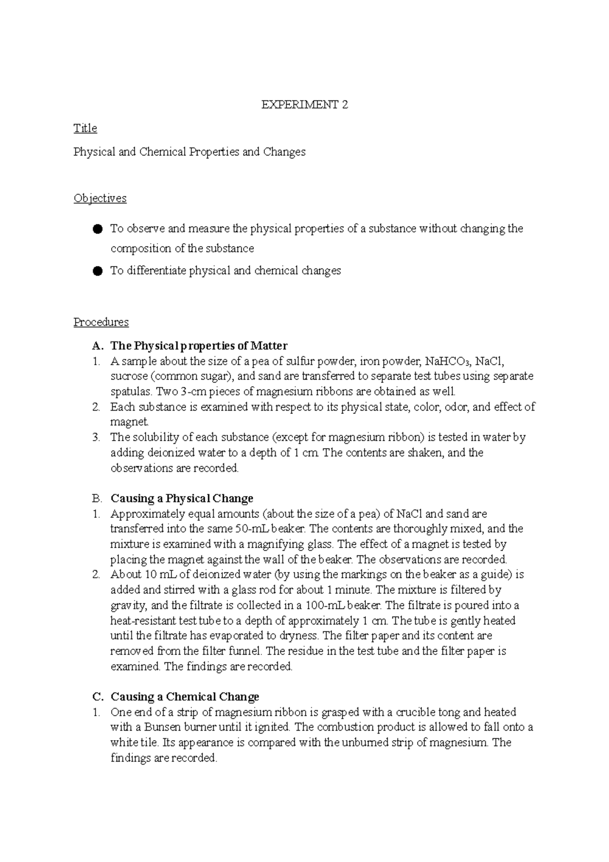 Exp2 lab report EXPERIMENT 2 Title Physical and Chemical Properties
