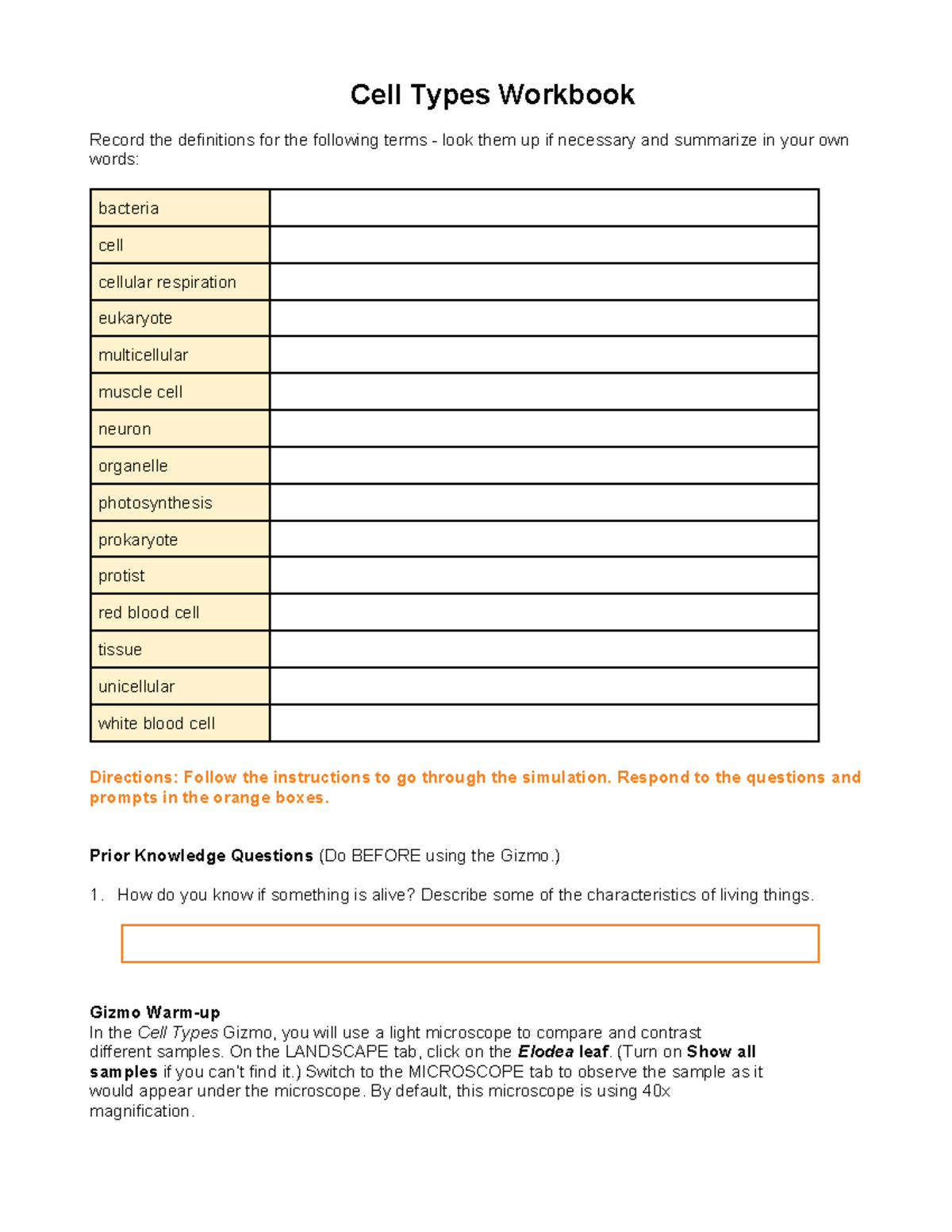 Cell Types Workbook A to C - Cell Types Workbook Record the definitions ...