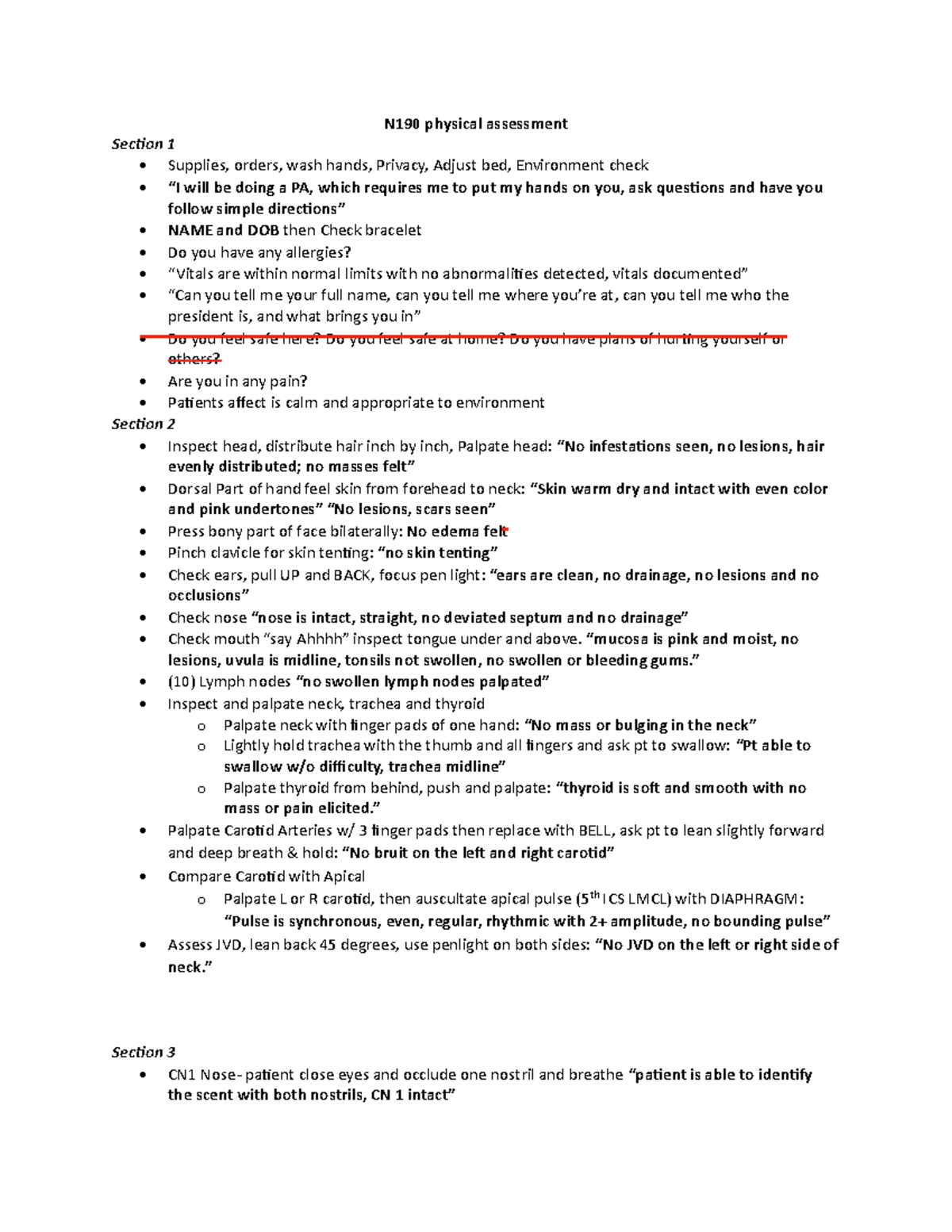 Physical assessment script copy - N190 physical assessment Section 1 ...