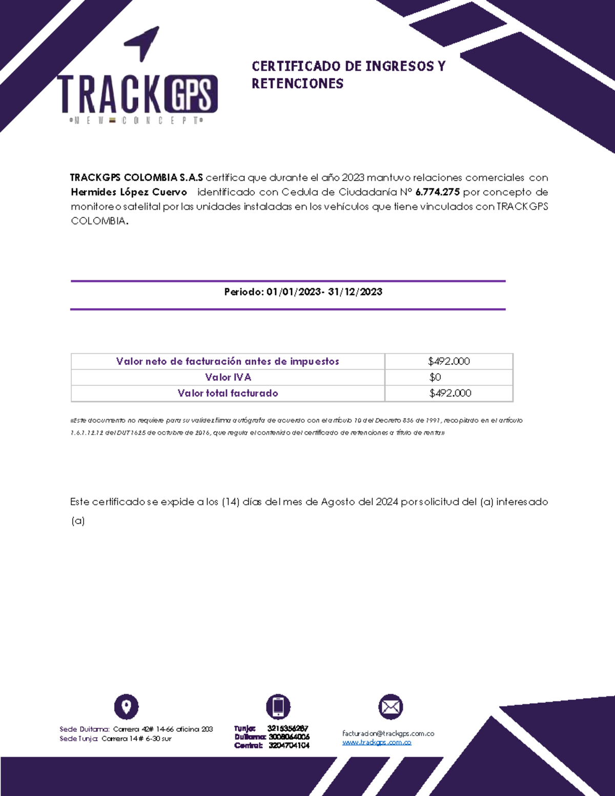 Certificado DE Ingresos Y Retenciones - Hermides lopez - Sede Duitama ...