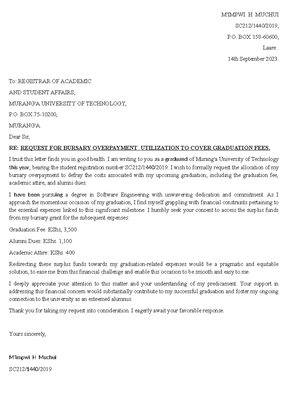 Graduation request - M'IMPWI H MUCHUI SC212/1440/2019, P. BOX 1 58 ...