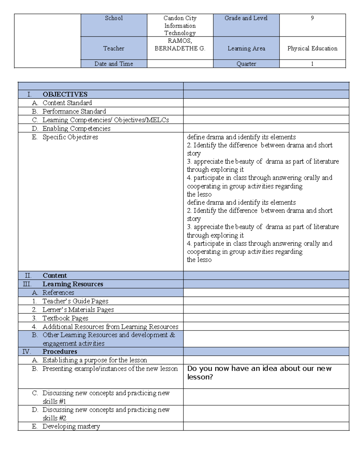 Dlp template - erftghmh - I. OBJECTIVES A. Content Standard B ...