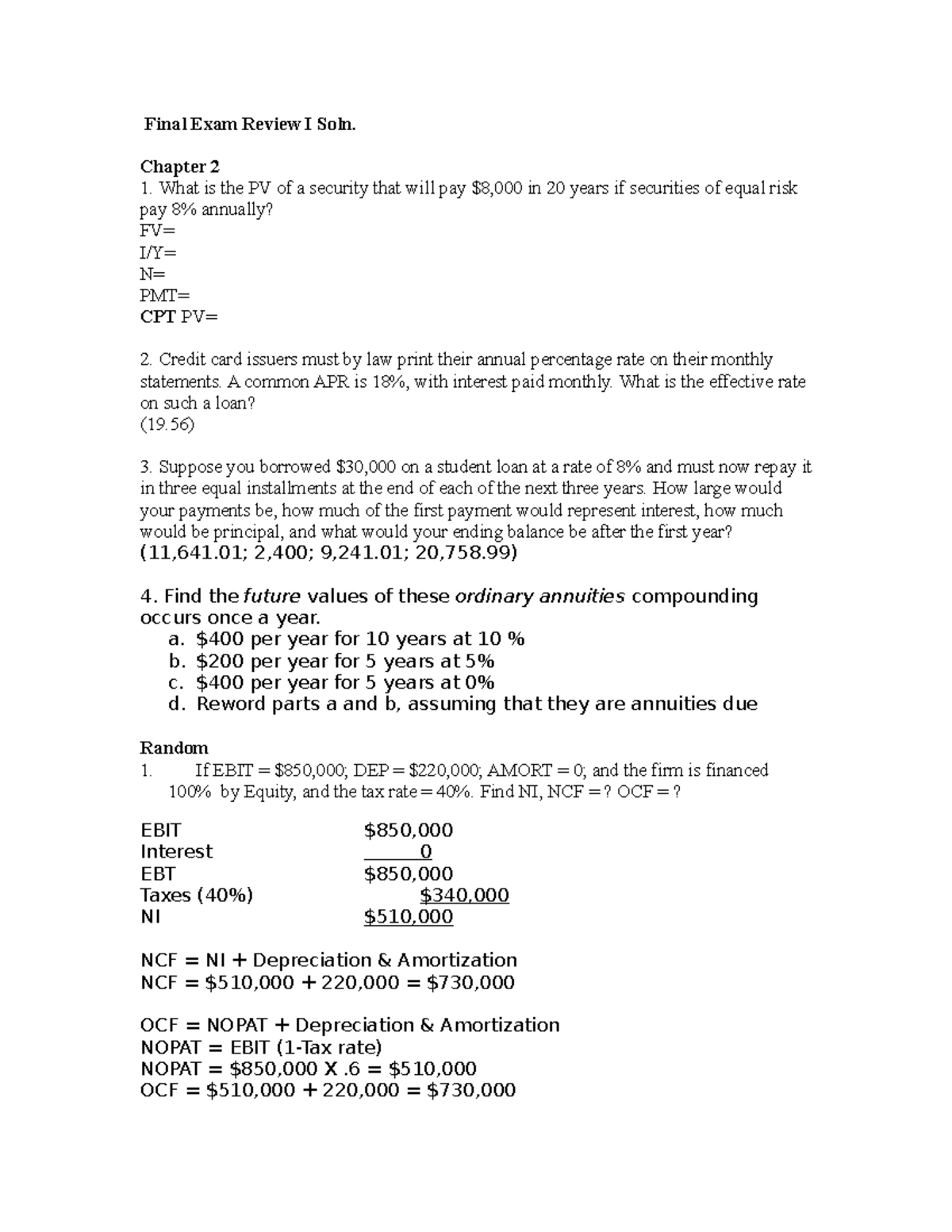 FIN 301 B Porter rachna Final Exam Review I Soln - Final Exam Review I ...