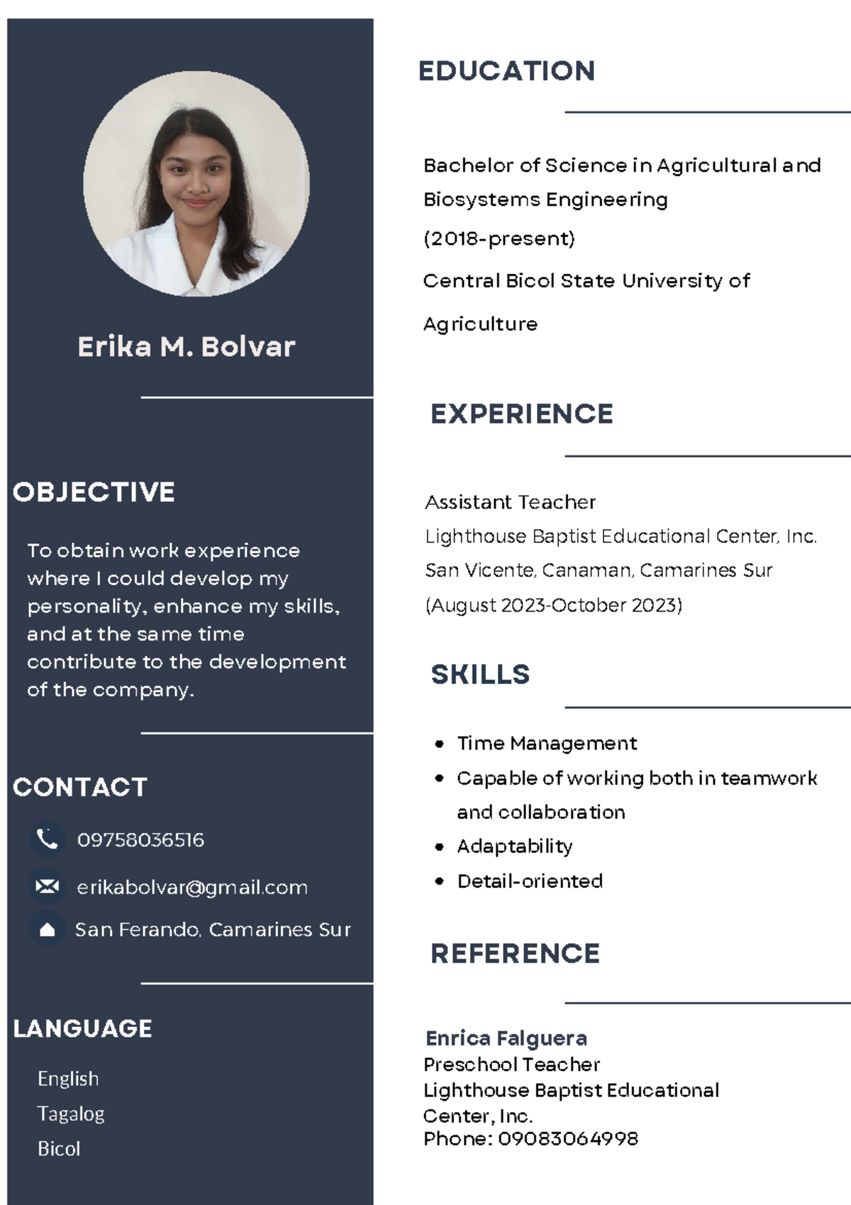 Bolvar, Ella Mae M. Resume - Erika M. Bolvar OBJECTIVE EXPERIENCE Phone ...