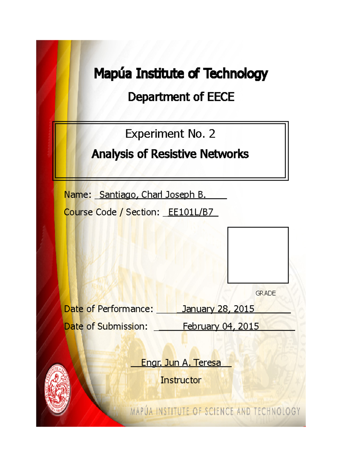 E102 Analysis of Resistive Networks Mapúa Institute of Technology