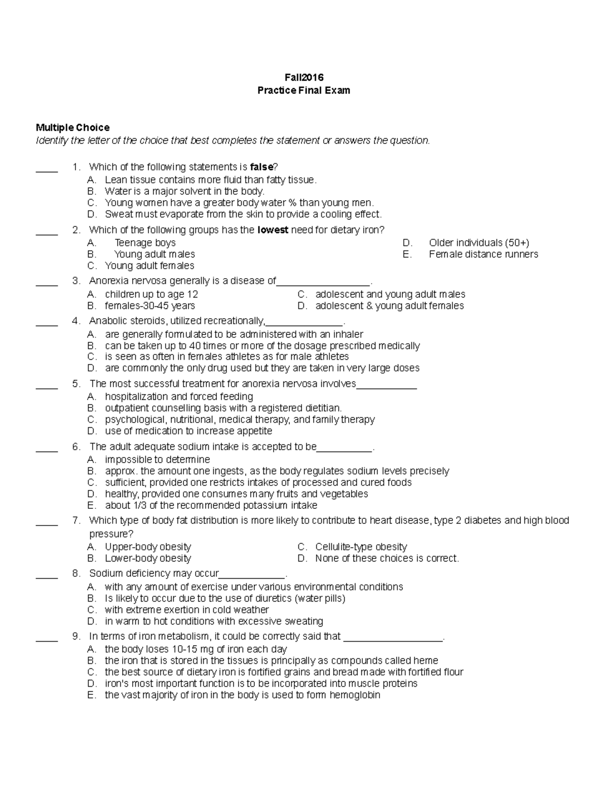 Fall 2016 Exam practice 1 - Fall Practice Final Exam Multiple Choice ...