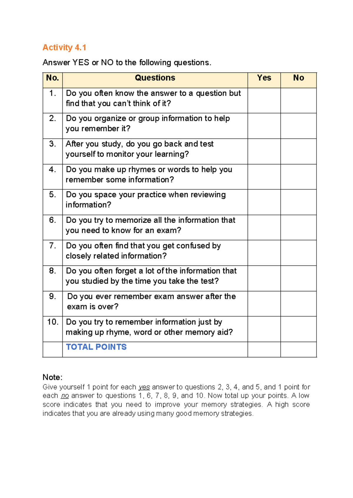1. Activity 4.1 Memory Strategies - Activity 4. Answer YES or NO to the ...