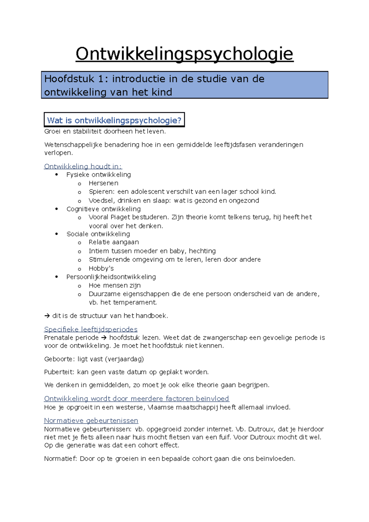 Notities Ontwikkelingspsychologie - Ontwikkelingspsychologie Hoofdstuk ...