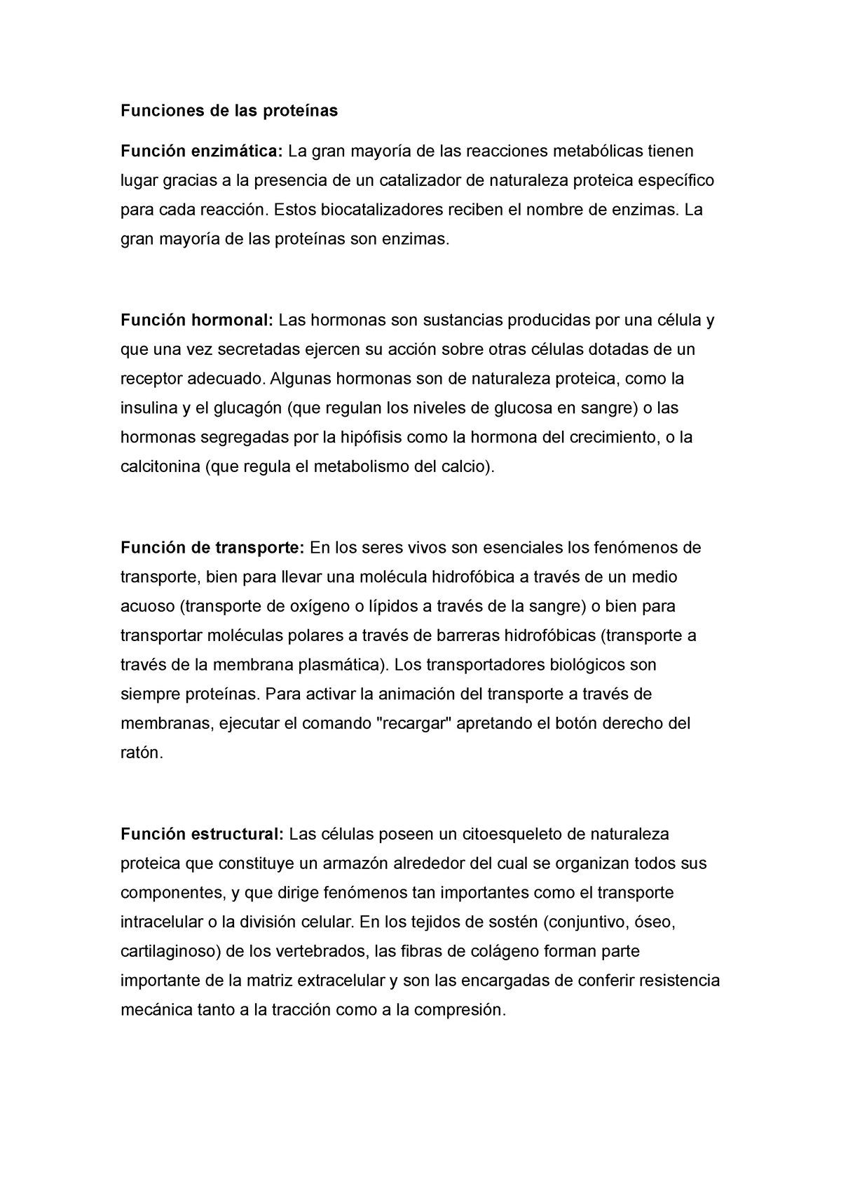 Funciones De Las Proteínas Transporte Hormonal Estructural Y Enzimatica Funciones De Las 