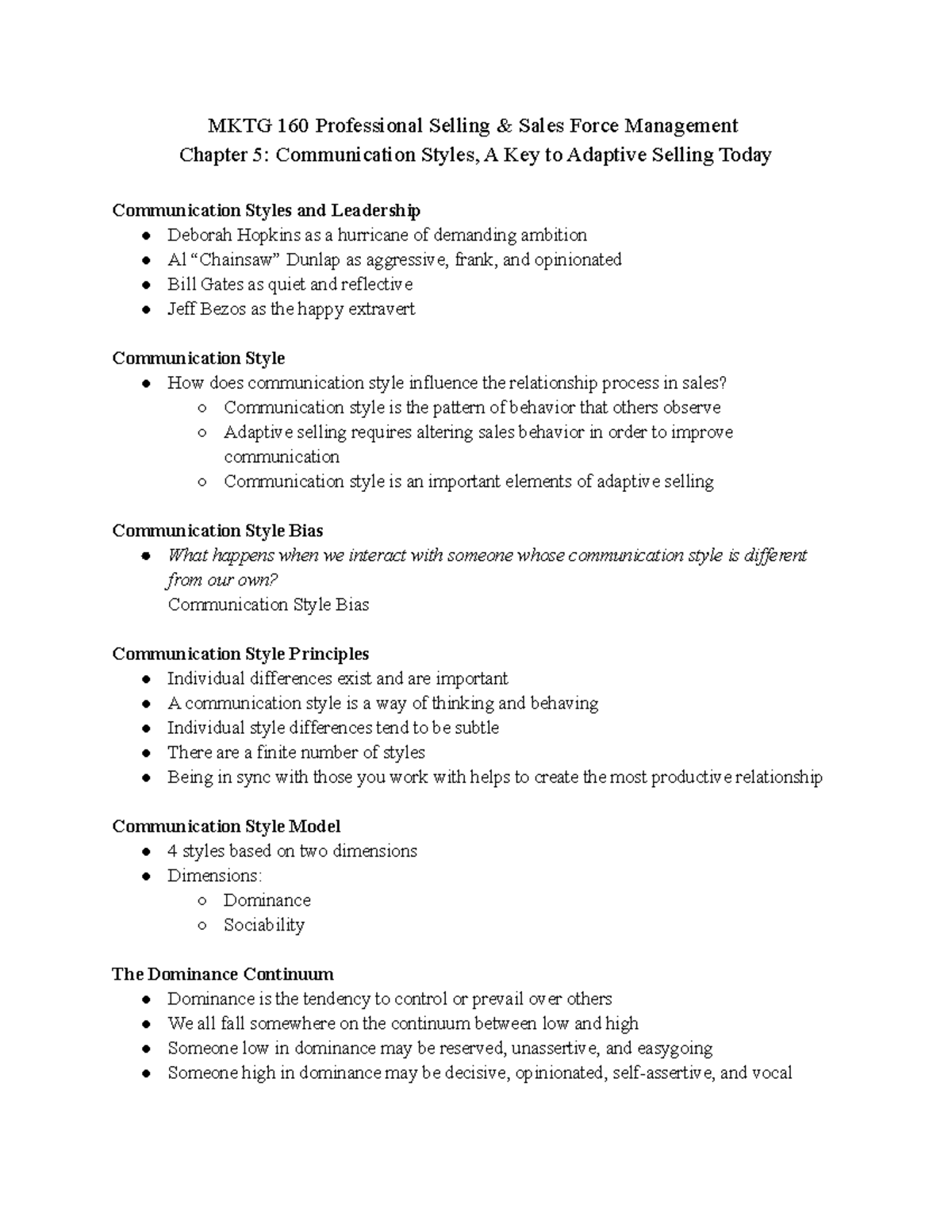 MKTG 160 - Chapter 5 Notes - MKTG 160 Professional Selling & Sales ...