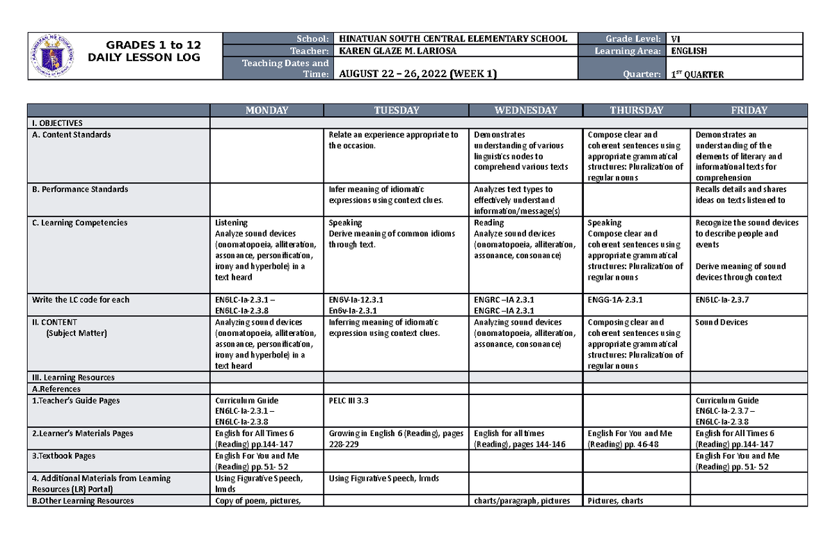 DLL English 6 Q1 W1 - DLL - GRADES 1 to 12 DAILY LESSON LOG School ...