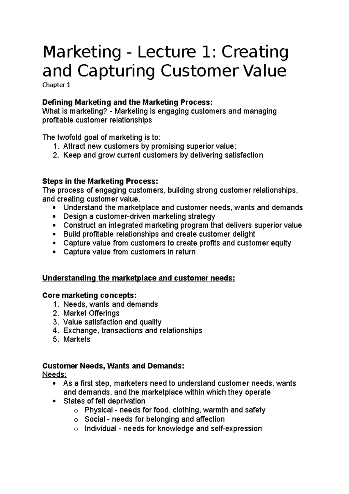 Marketing lec 1 - Lecture notes 1 - Marketing - Lecture 1: Creating and ...