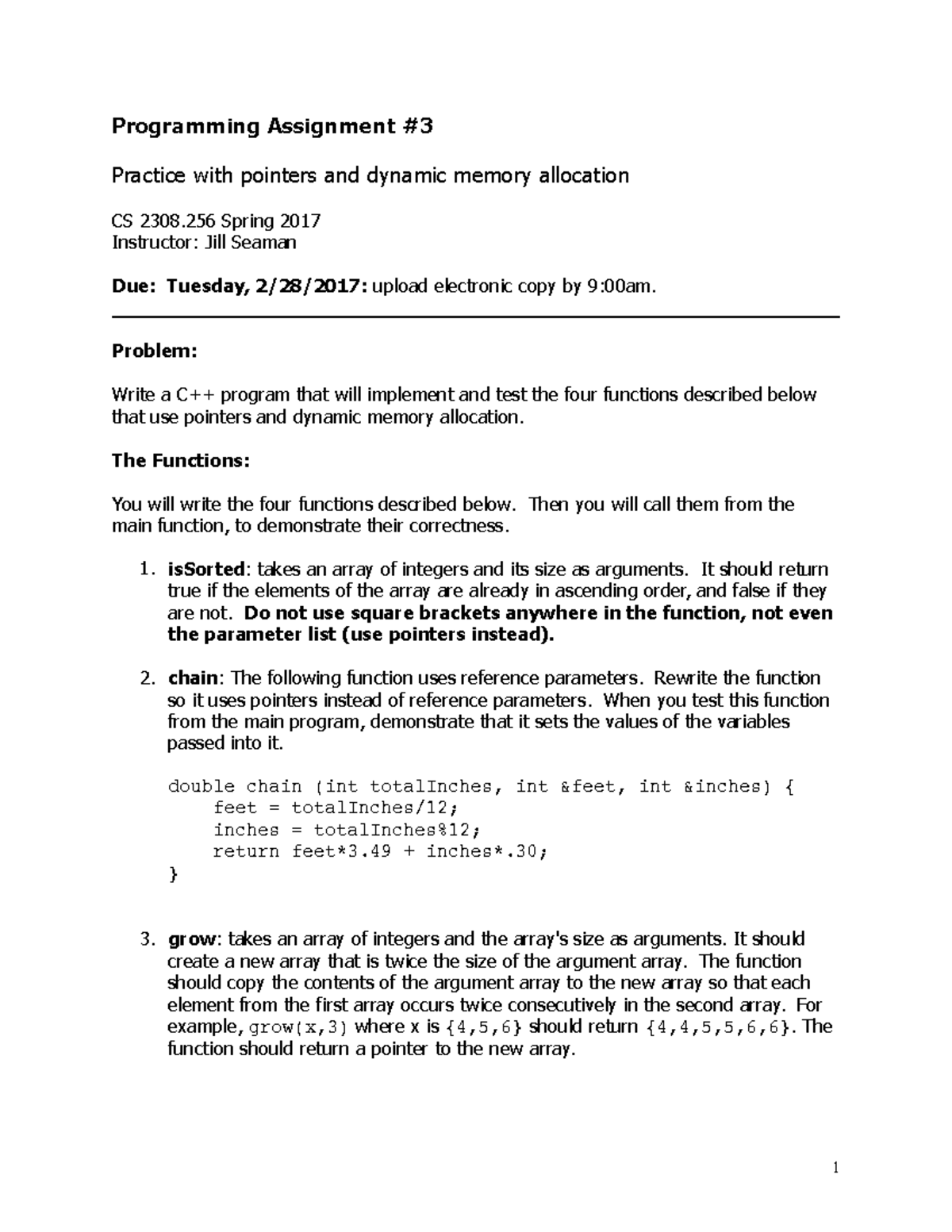 Assignment 3 - CS 2308 - Programming Assignment Practice with pointers ...