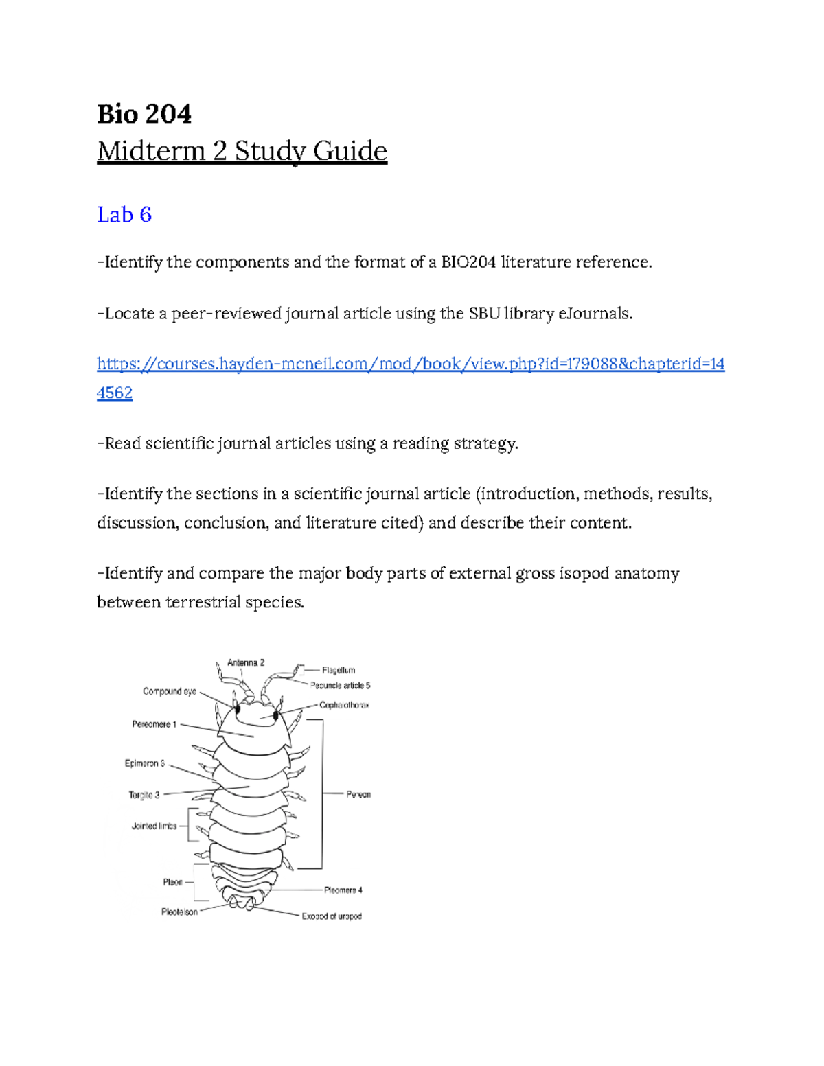 Bio 204 Midterm 2 Study Guide - Bio 204 Midterm 2 Study Guide Lab 6 ...