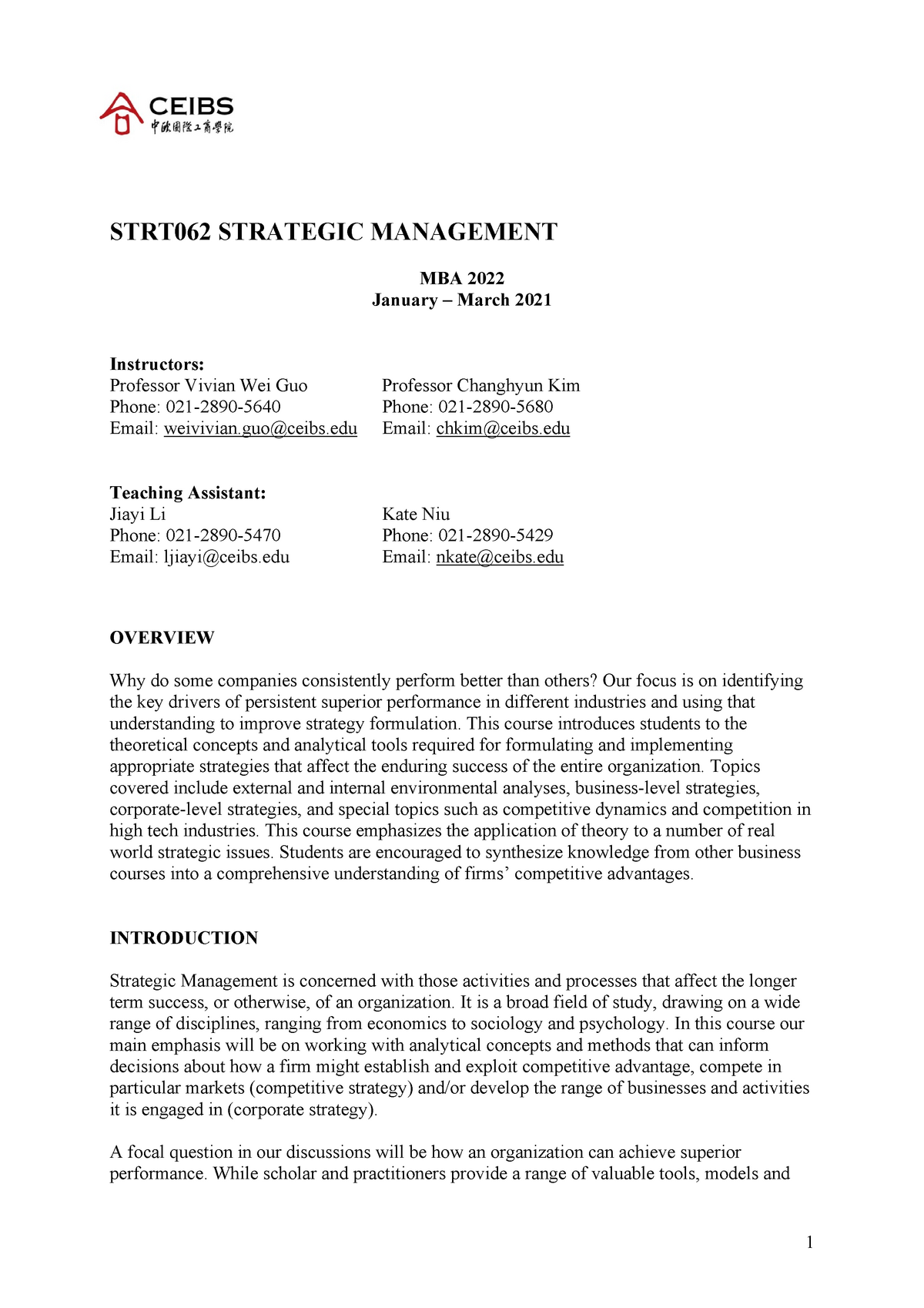 Strategic Management Syllabus - STRT062 STRATEGIC MANAGEMENT MBA 2022 ...