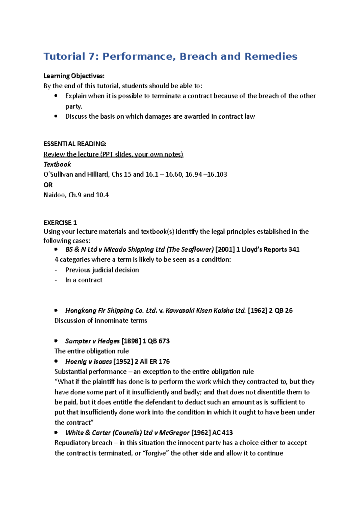 Contract Law Tutorial 7 Performance, Breach And Remedies - Tutorial 7 ...
