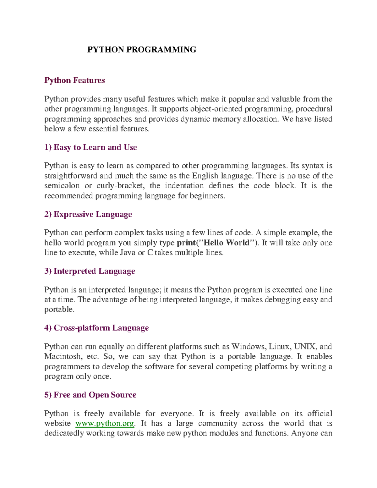 Module 1 - Nice - PYTHON PROGRAMMING Python Features Python provides ...