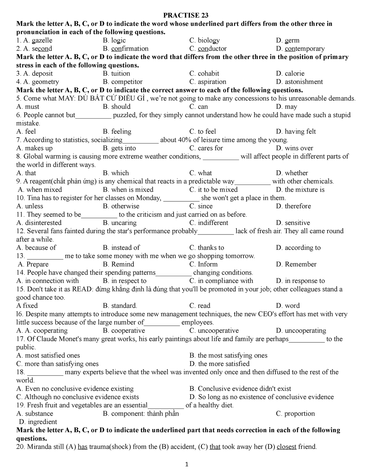 Practise 23 - PRACTISE 23 Mark The Letter A, B, C, Or D To Indicate The ...