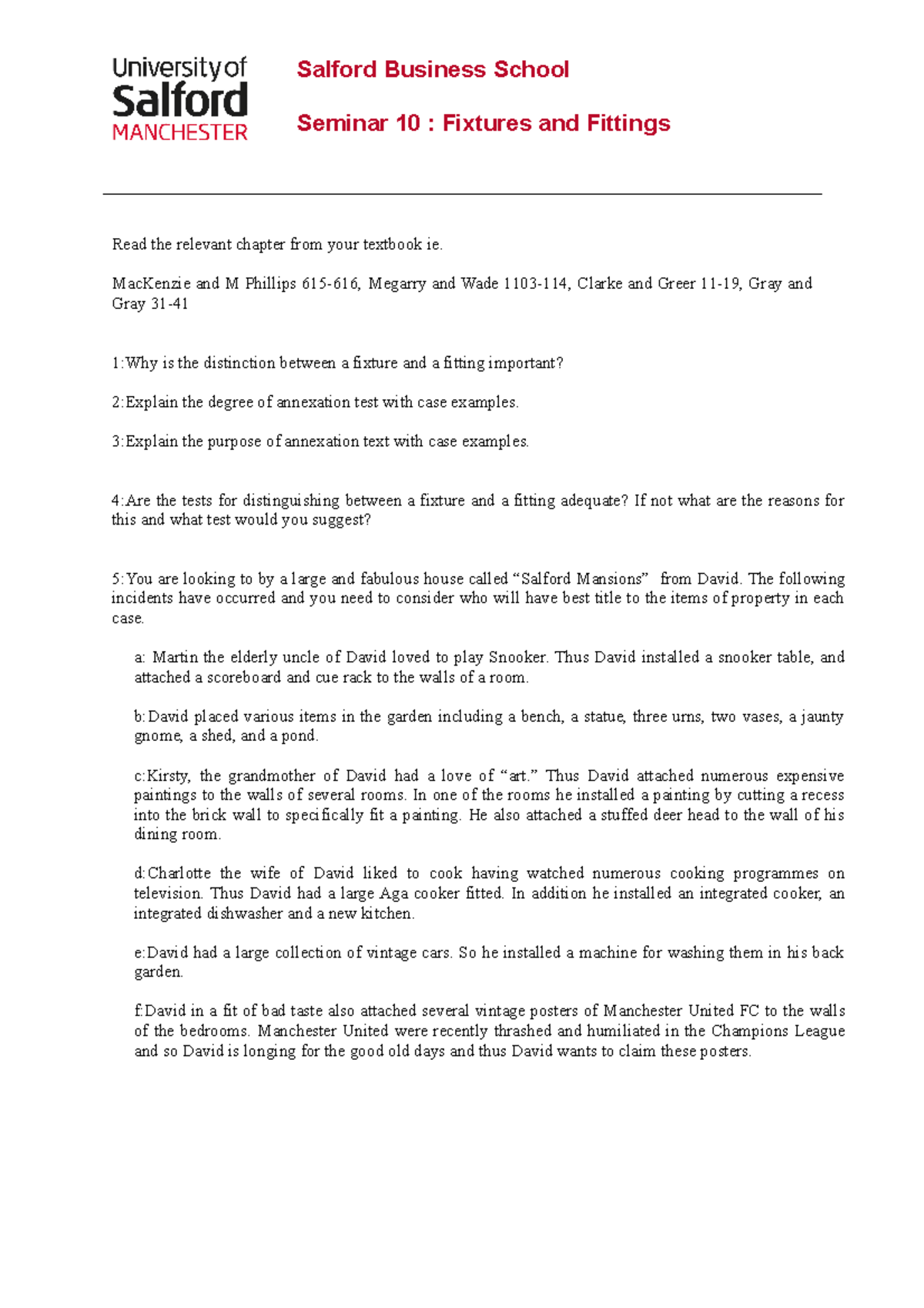 Seminar 10 Fixtures land law Salford Business School Seminar 10