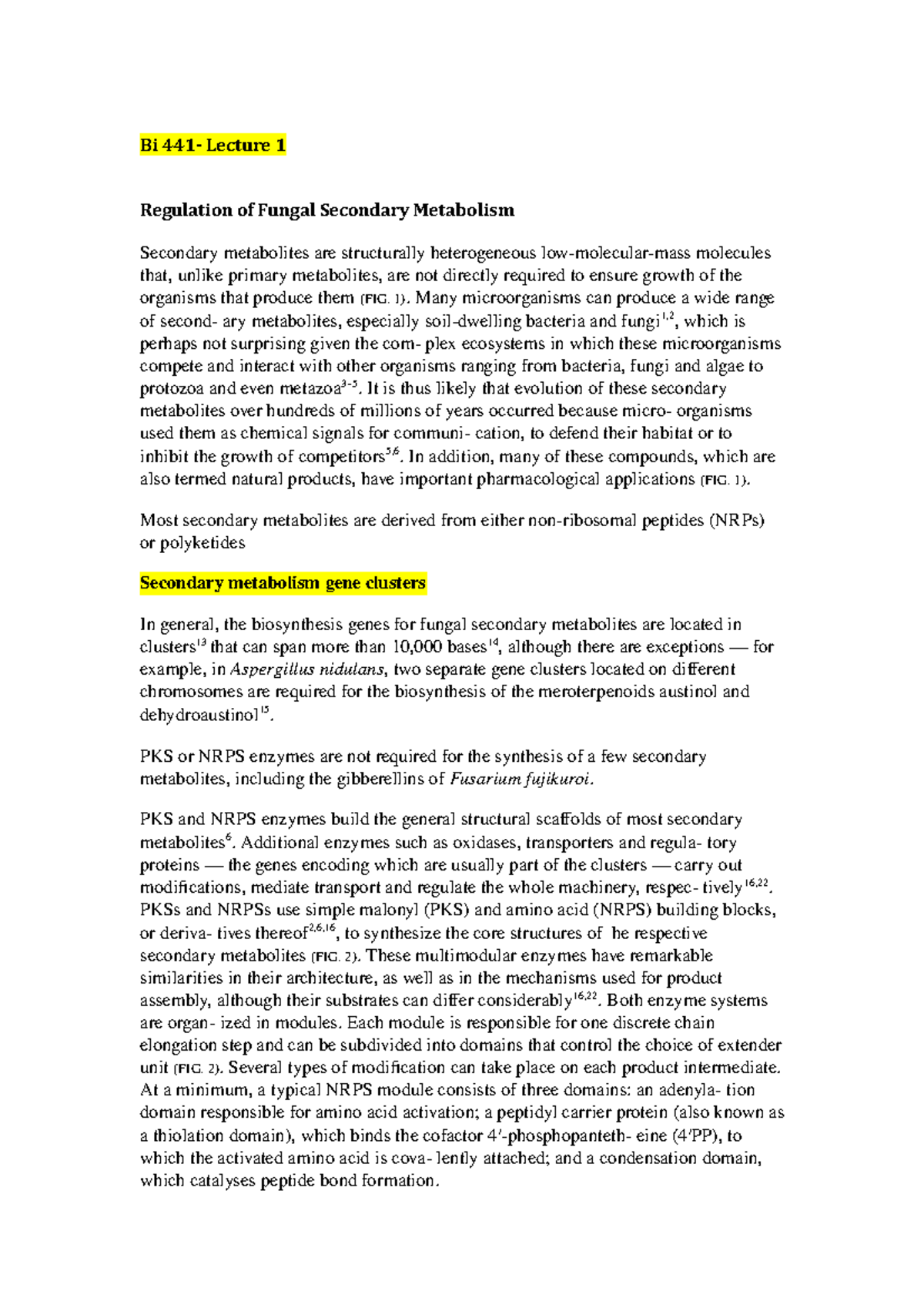 Regulation of Fungal Secondary Metabolism Notes - Bi 441- Lecture 1 ...