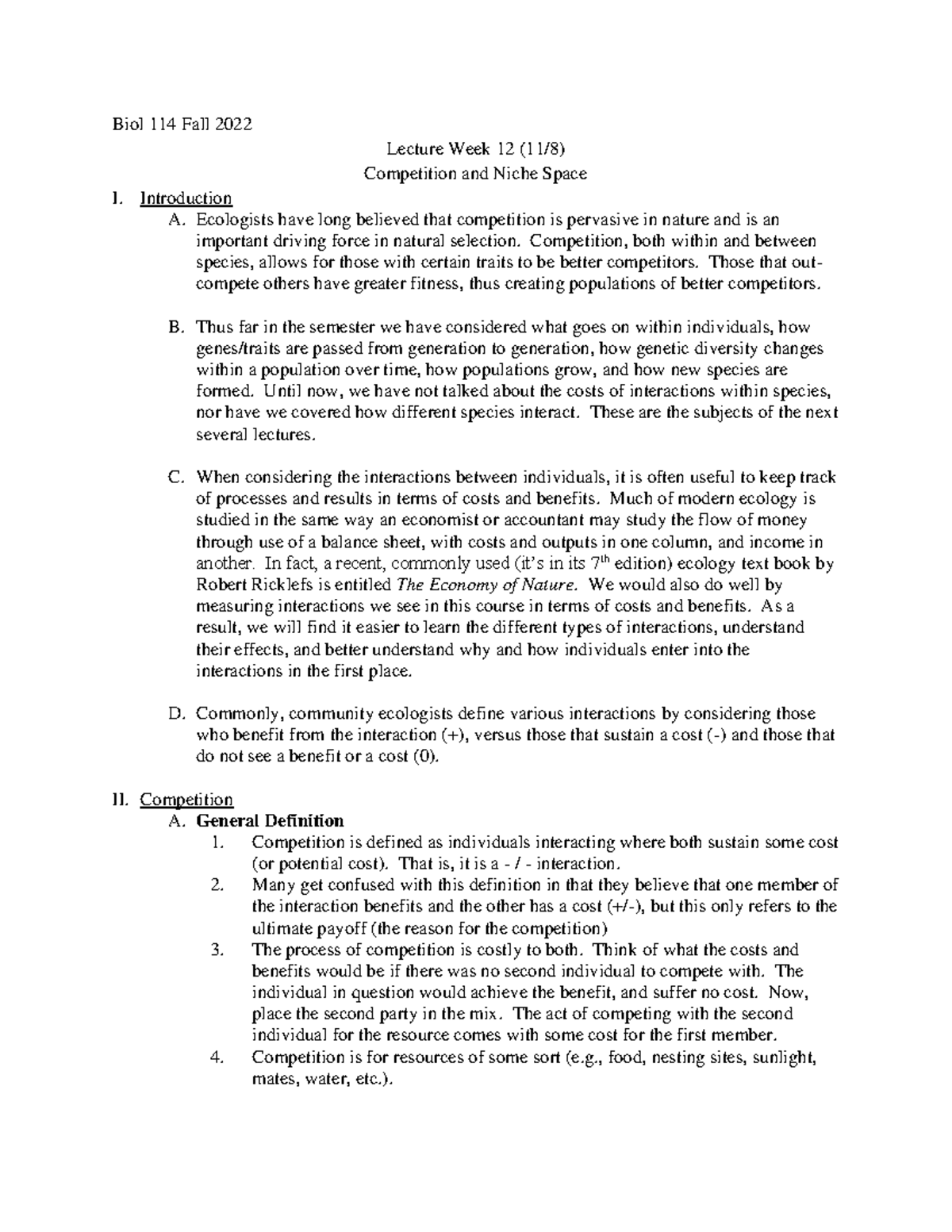 Lecture week 12 (11-8) - Notes Competition and Niche Space - Biol 114 ...