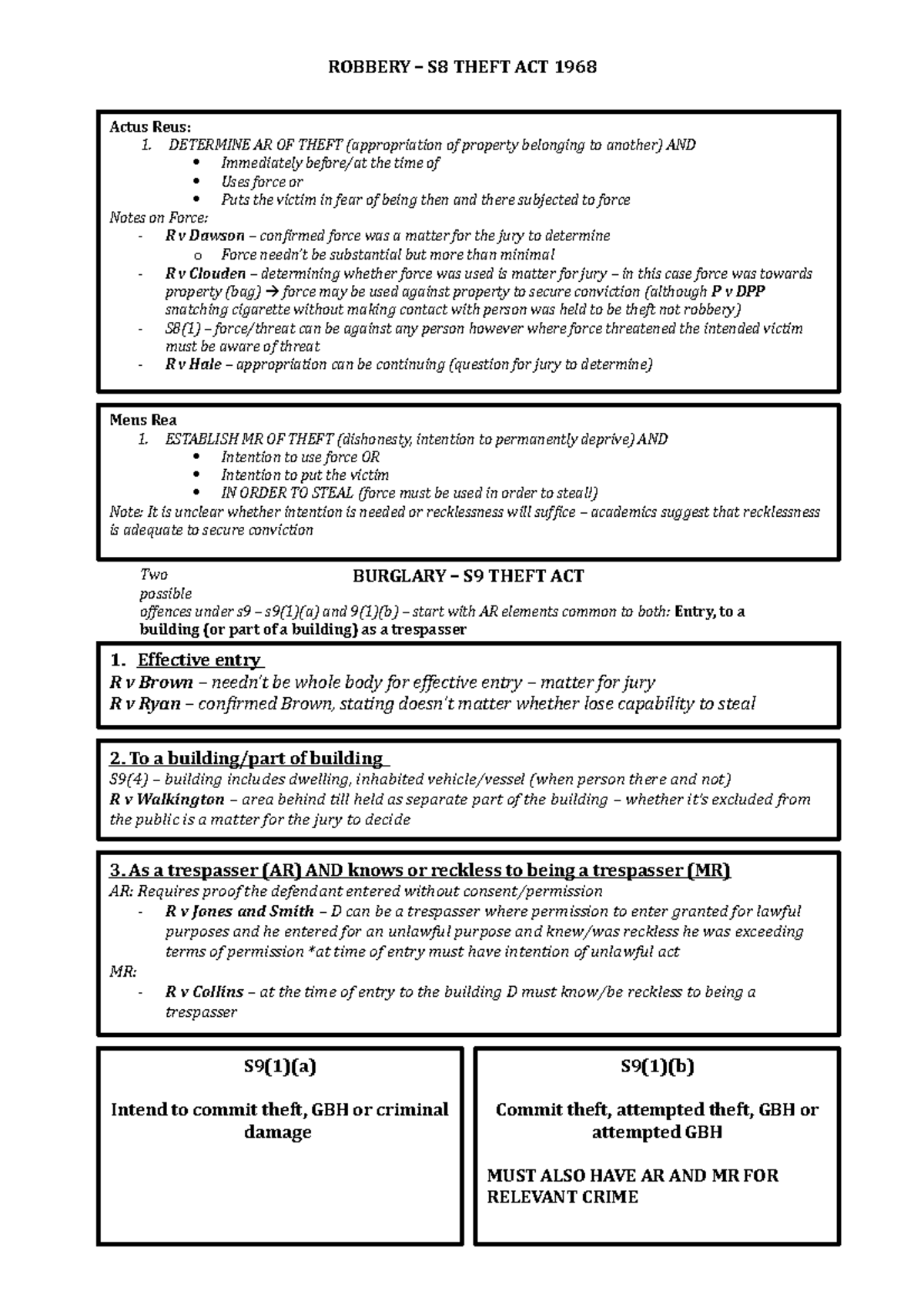Robbery and Burglary GDL Exam Notes Criminal Law ROBBERY S8 THEFT