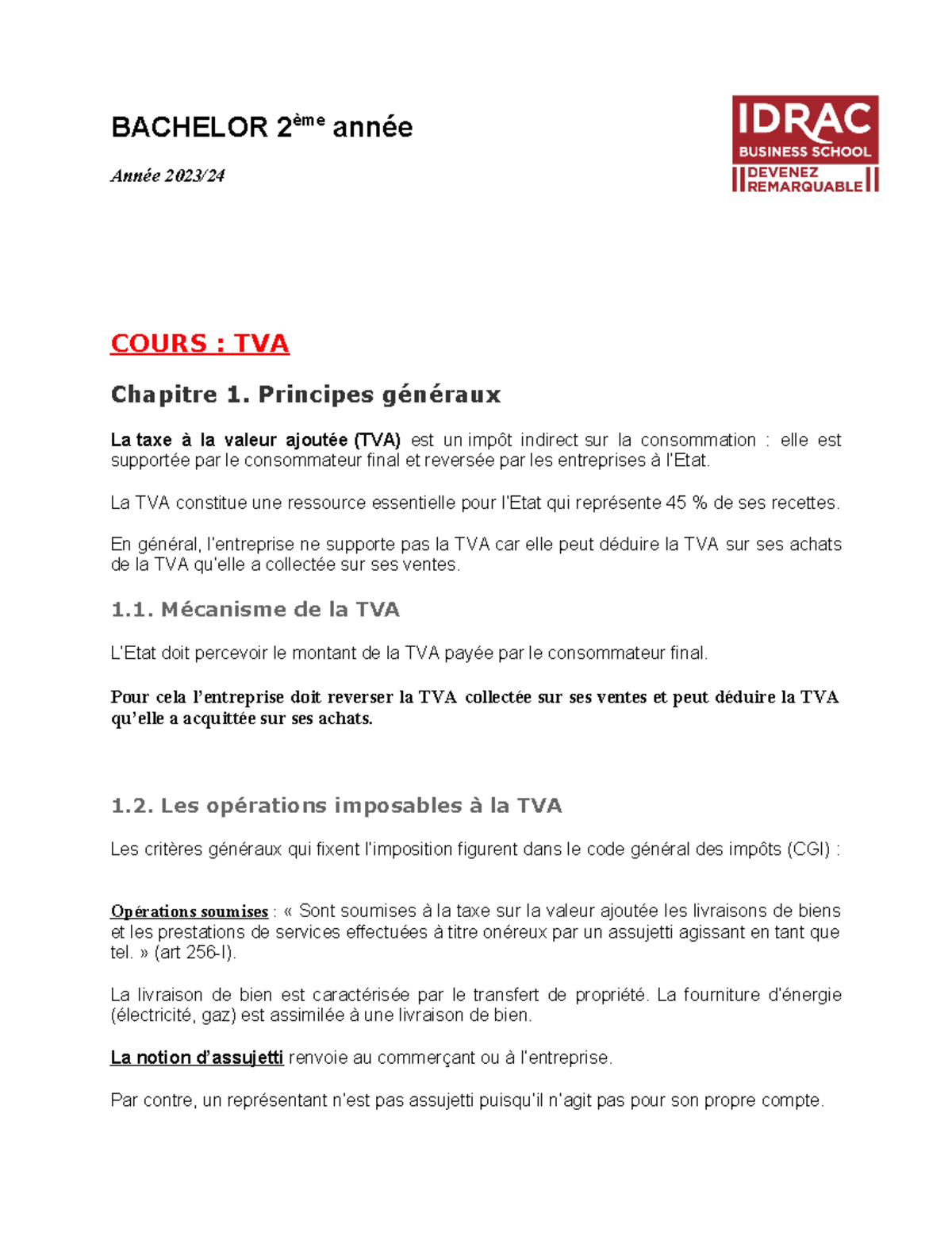 3 Cours TVA BACHELOR 2 ème année Année 2023 COURS TVA Chapitre 1